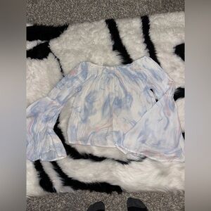 Hollister off-the-shoulder bell sleeve top with a blue and pink tie-dye pattern